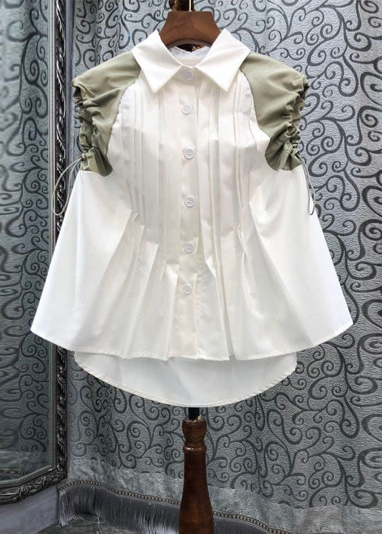 Unique White Peter Pan Collar Wrinkled Patchwork Cotton Blouse Tops Sleeveless
