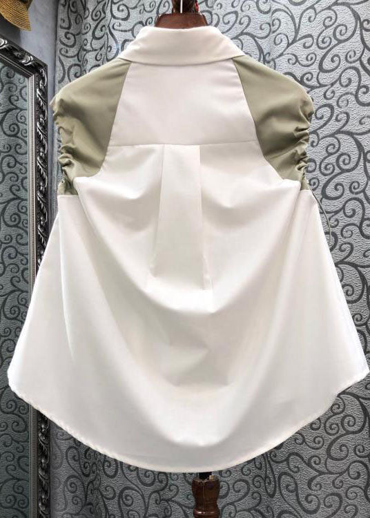 Unique White Peter Pan Collar Wrinkled Patchwork Cotton Blouse Tops Sleeveless