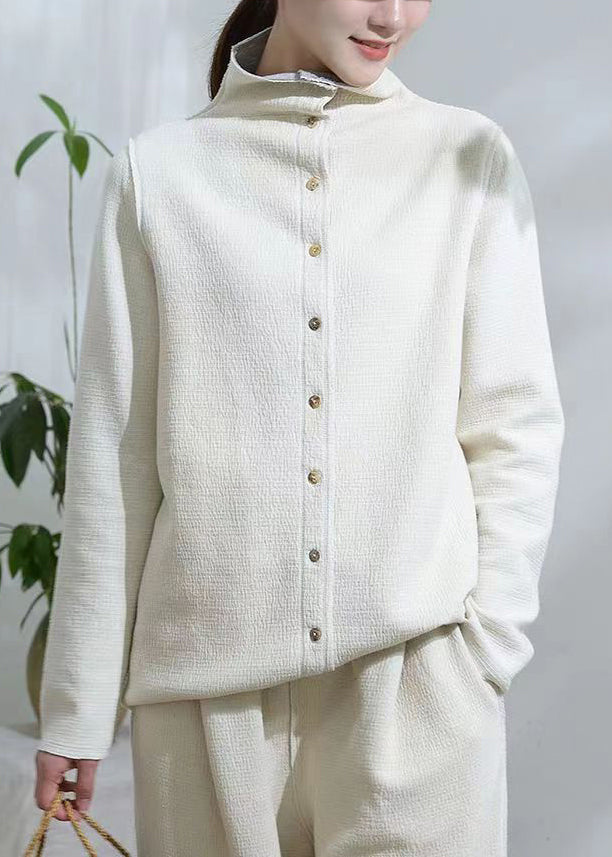 Unique White Stand Collar Button Patchwork Cotton Coats Fall