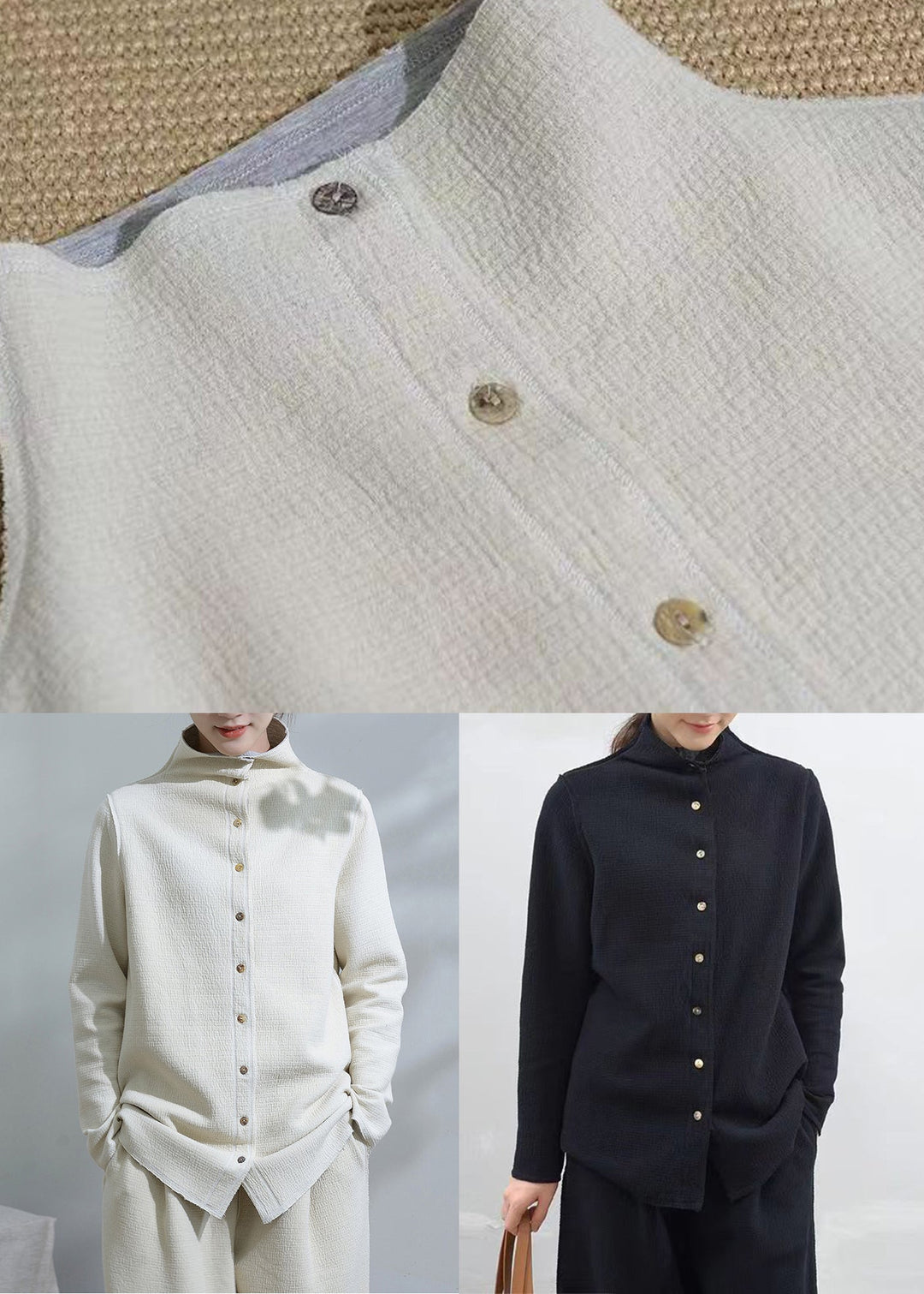 Unique White Stand Collar Button Patchwork Cotton Coats Fall