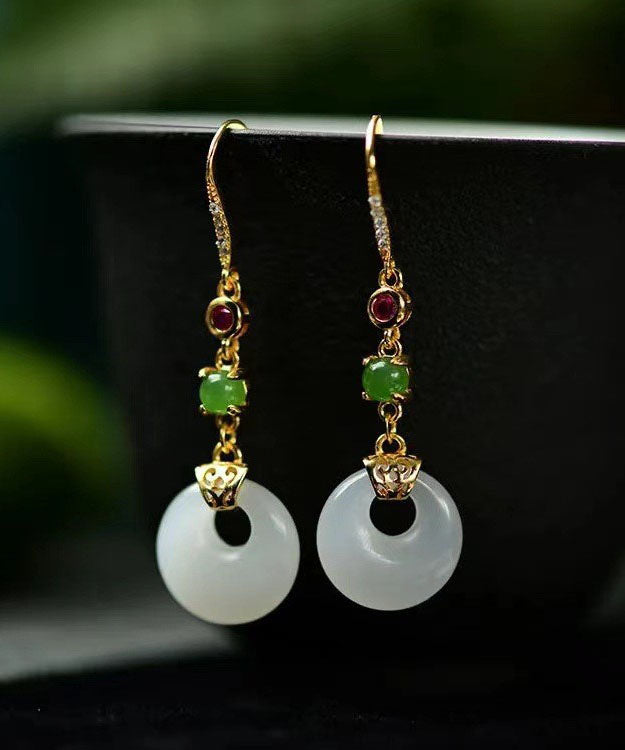 Unique White Sterling Silver Overgild Inlaid Jade Drop Earrings