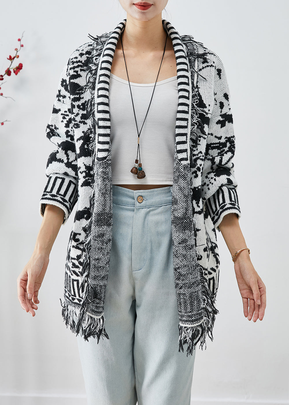 Unique White Tasseled Jacquard Knit Cardigan Fall