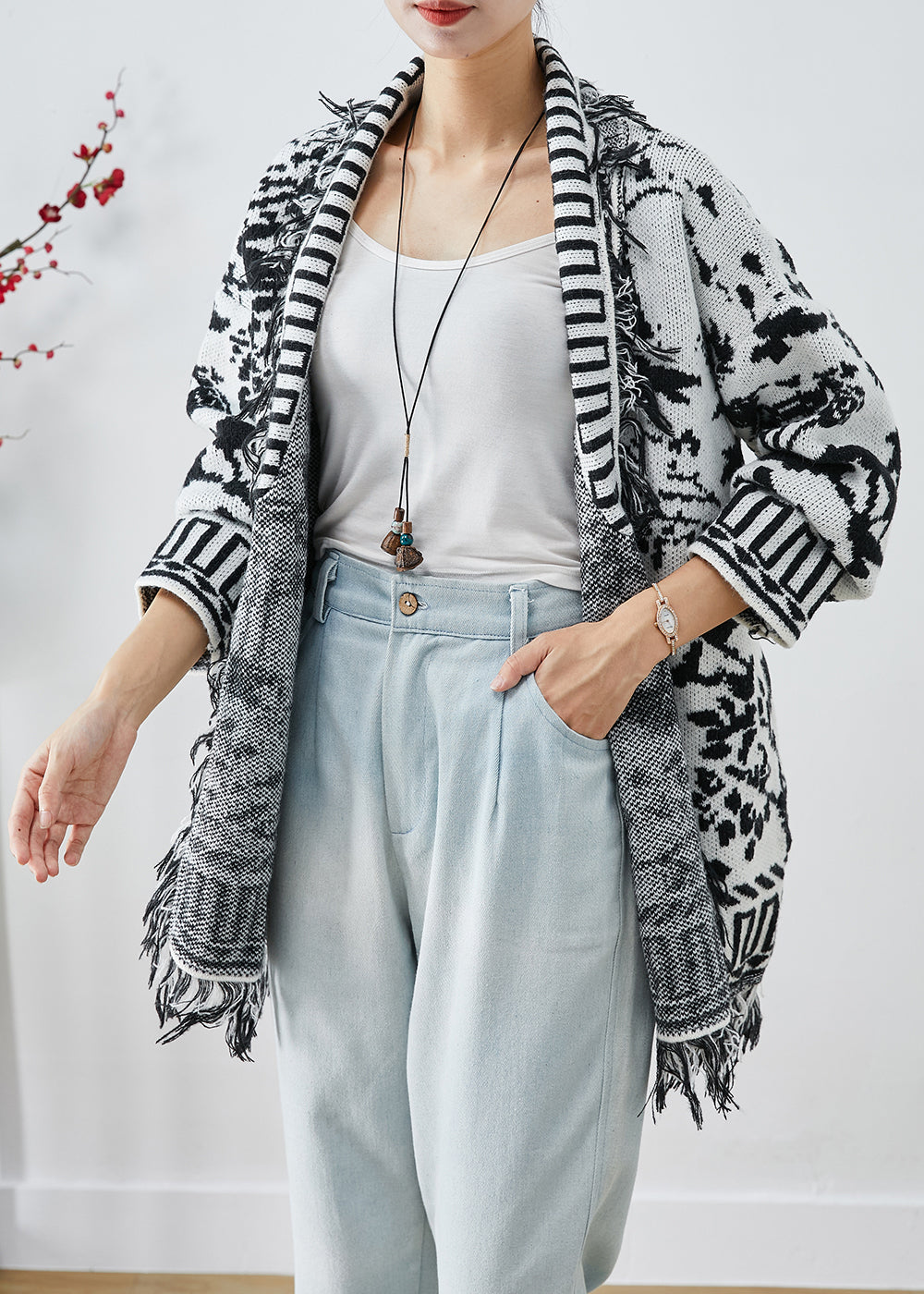 Unique White Tasseled Jacquard Knit Cardigan Fall