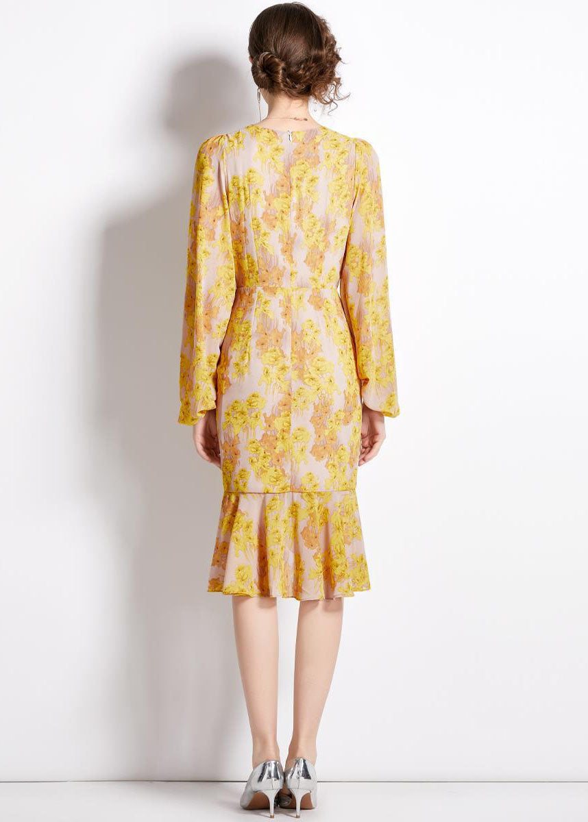 Unique Yellow Cinched Print Chiffon Fishtail Dresses Lantern Sleeve