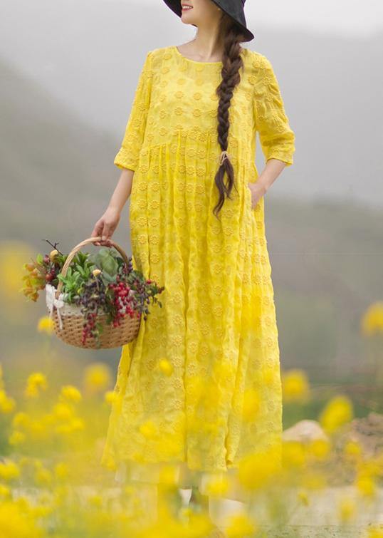 Unique Yellow Embroidery Tunic Dress O Neck Half Sleeve Maxi Dresses - Omychic