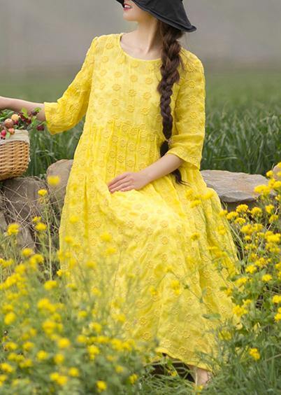 Unique Yellow Embroidery Tunic Dress O Neck Half Sleeve Maxi Dresses - Omychic