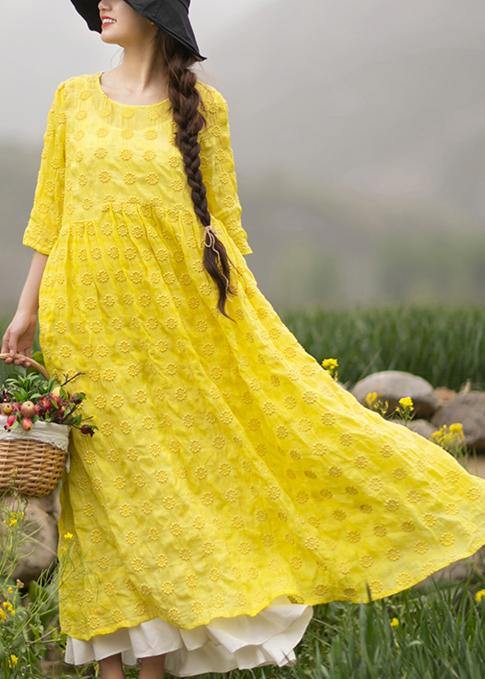 Unique Yellow Embroidery Tunic Dress O Neck Half Sleeve Maxi Dresses - Omychic