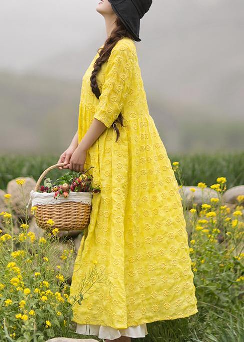 Unique Yellow Embroidery Tunic Dress O Neck Half Sleeve Maxi Dresses - Omychic