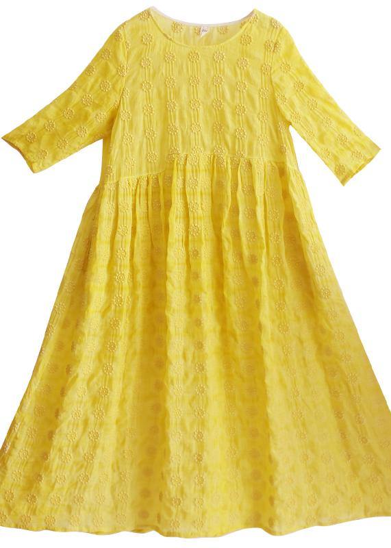 Unique Yellow Embroidery Tunic Dress O Neck Half Sleeve Maxi Dresses - Omychic