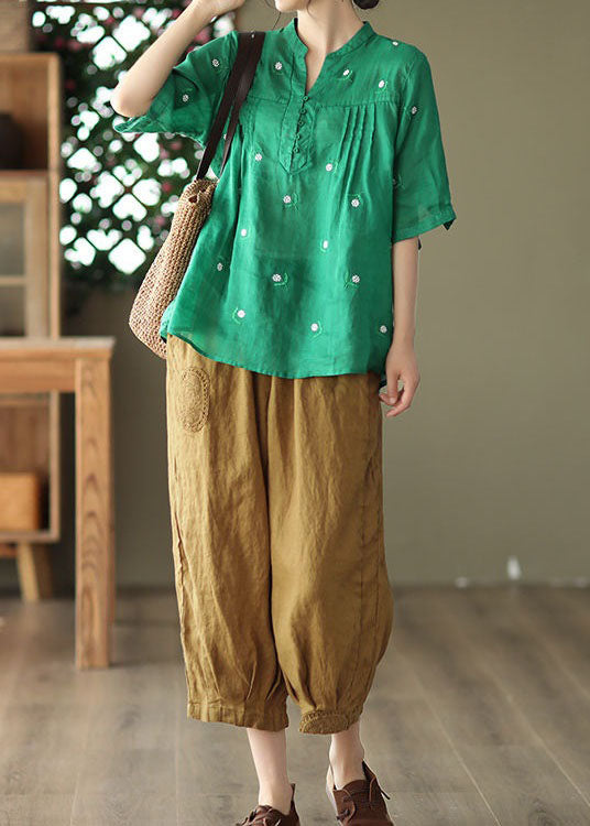 Unique Yellow Hollow Out Embroideried Linen Crop Pants Summer