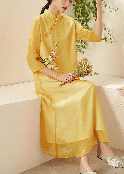 Unique Yellow Mandarin Collar Print Summer Dresses - Omychic