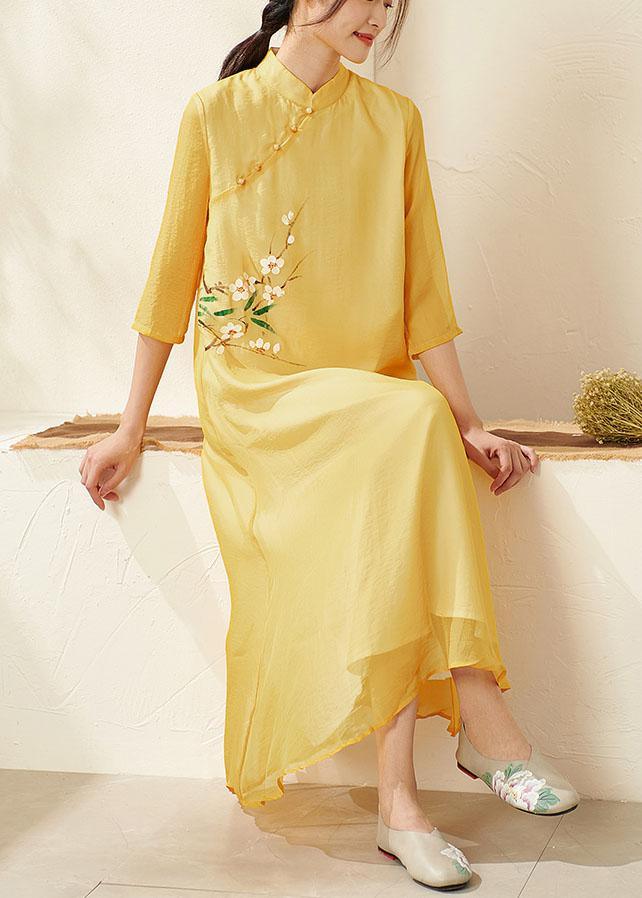 Unique Yellow Mandarin Collar Print Summer Dresses - Omychic