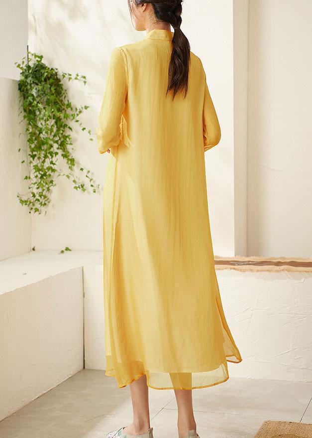 Unique Yellow Mandarin Collar Print Summer Dresses - Omychic
