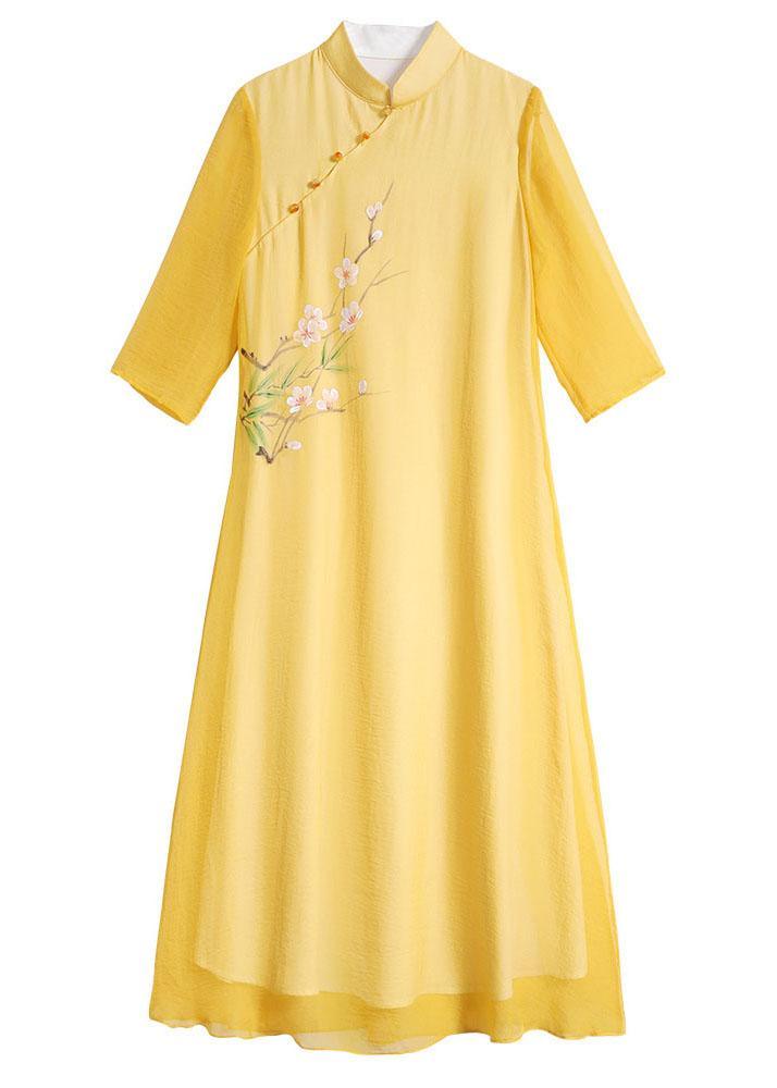 Unique Yellow Mandarin Collar Print Summer Dresses - Omychic