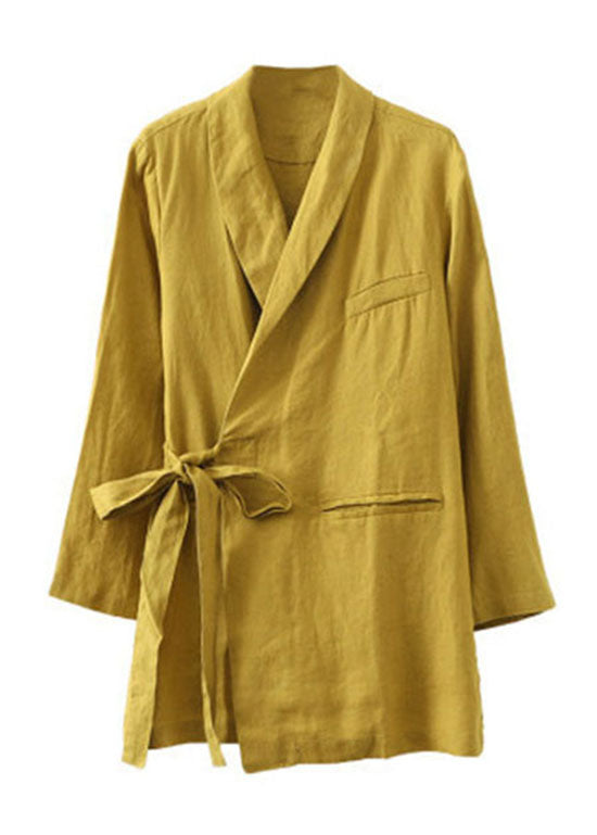 Unique Yellow Peter Pan Collar Pockets Tie Waist Patchwork Linen Coats Spring
