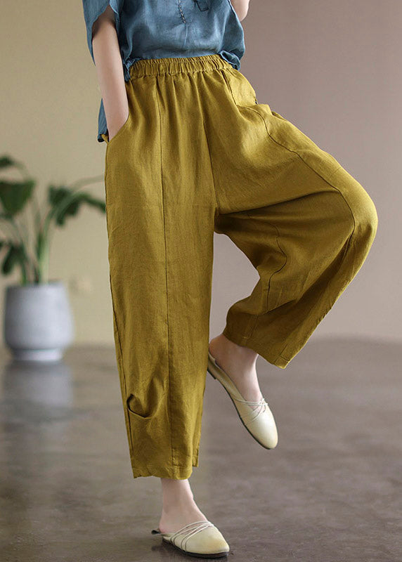 Unique Yellow Pockets Elastic Waist Linen Harem Pants Summer