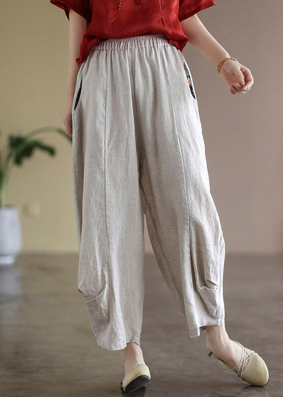Unique Yellow Pockets Elastic Waist Linen Harem Pants Summer