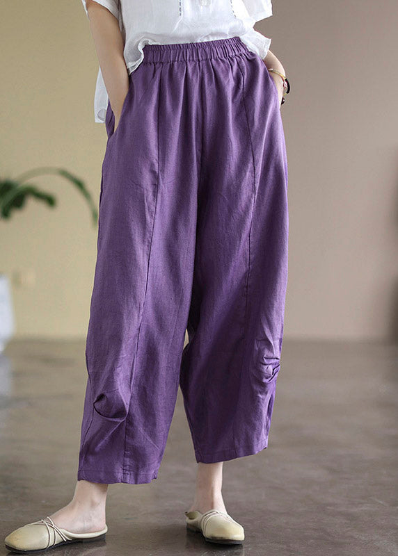 Unique Yellow Pockets Elastic Waist Linen Harem Pants Summer