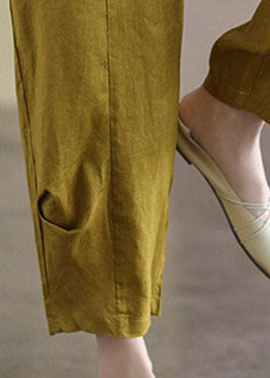 Unique Yellow Pockets Elastic Waist Linen Harem Pants Summer