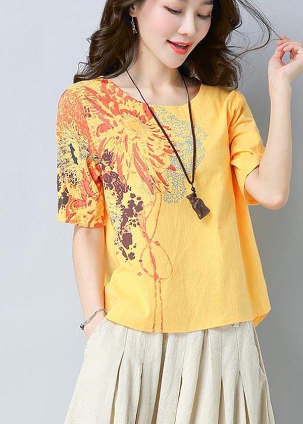 Unique Yellow Print Cotton Linen O-Neck Summer Top - Omychic