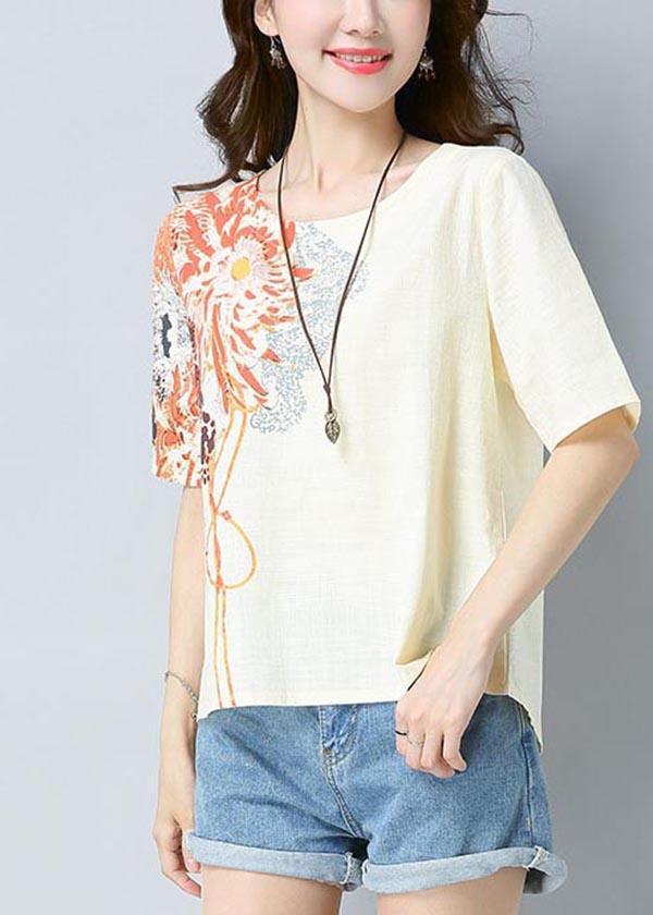 Unique Yellow Print Cotton Linen O-Neck Summer Top - Omychic