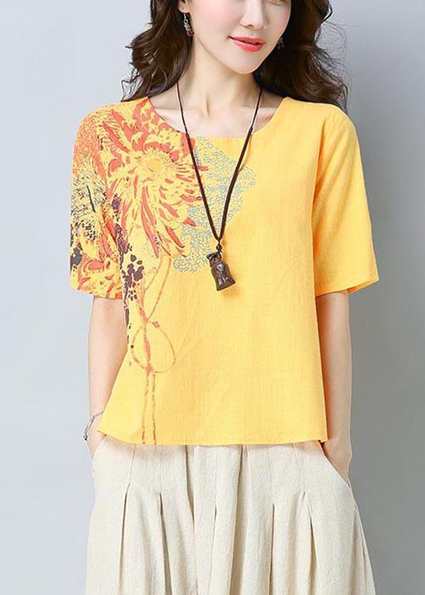 Unique Yellow Print Cotton Linen O-Neck Summer Top - Omychic