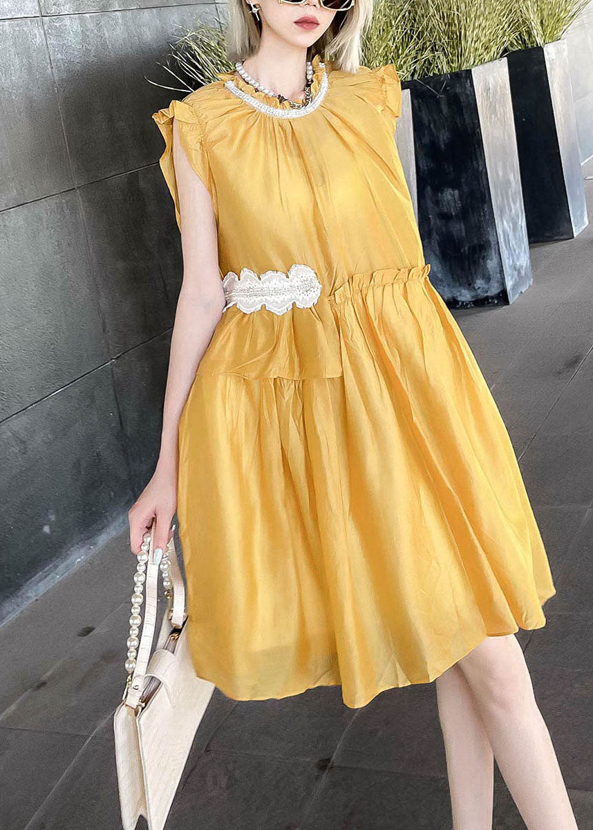 Unique Yellow Ruffled Patchwork Cotton Mid Dress Summer