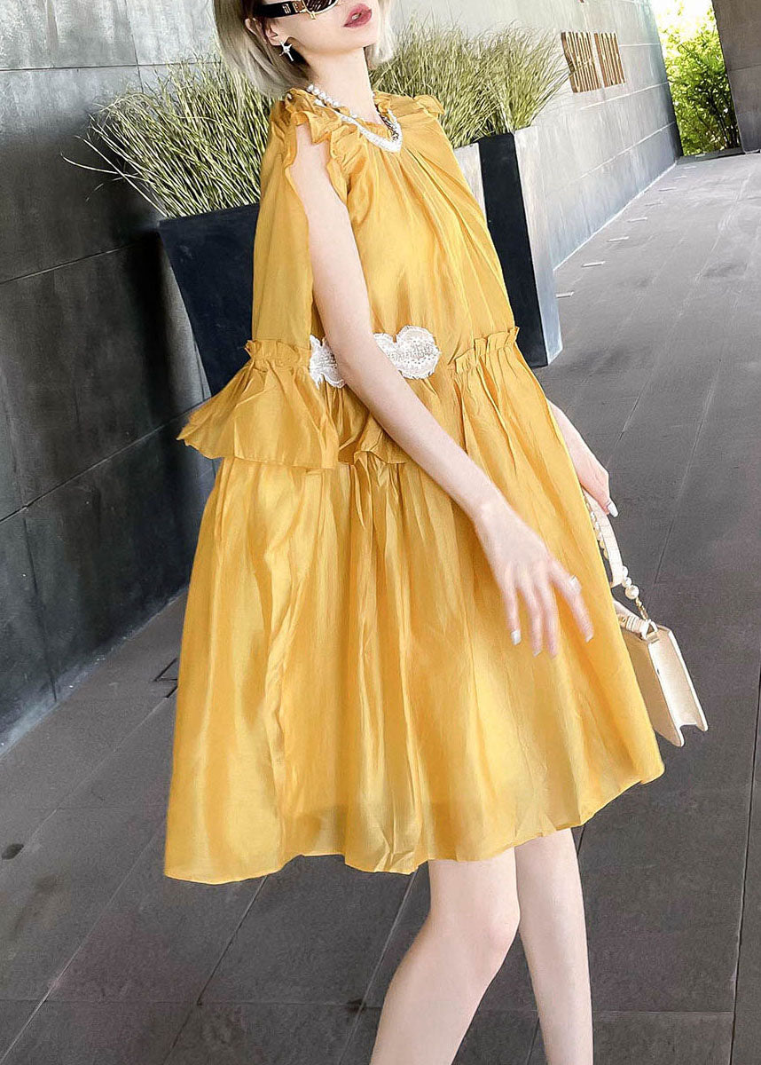 Unique Yellow Ruffled Patchwork Cotton Mid Dress Summer
