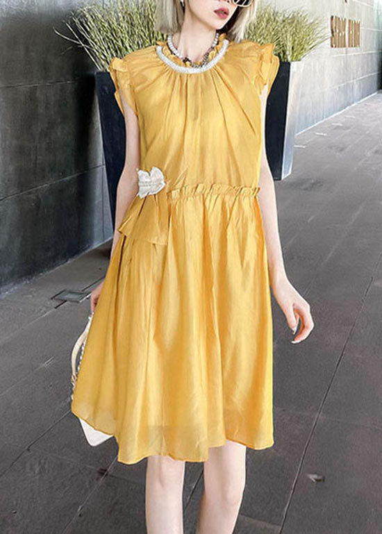 Unique Yellow Ruffled Patchwork Cotton Mid Dress Summer