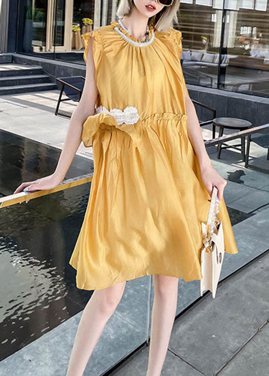 Unique Yellow Ruffled Patchwork Cotton Mid Dress Summer