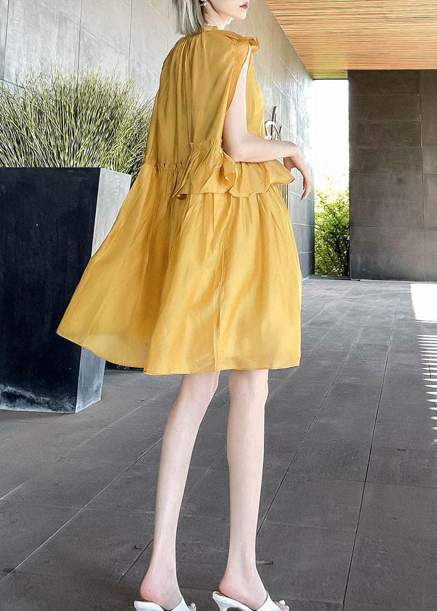 Unique Yellow Ruffled Patchwork Cotton Mid Dress Summer