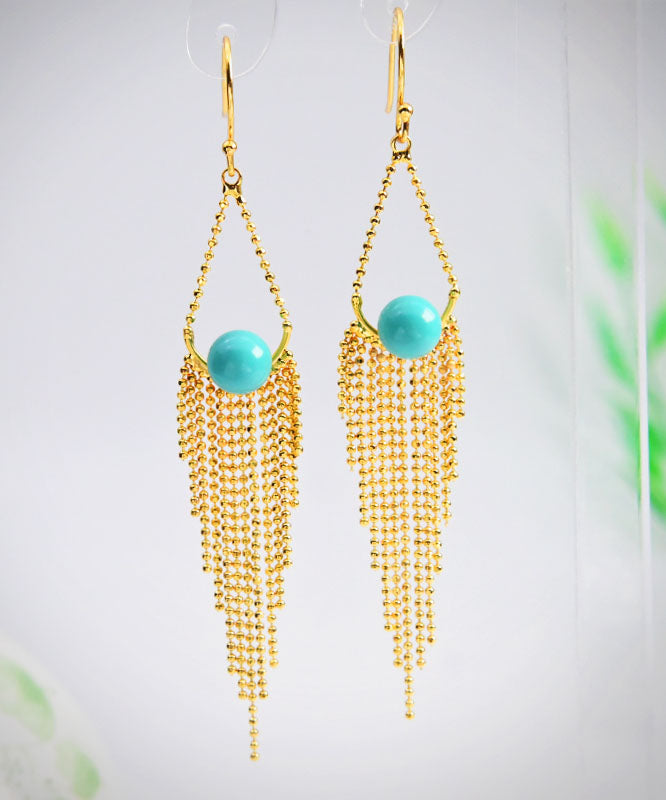 Unique Yellow Sterling Silver Overgild Turquoise Tassel Drop Earrings