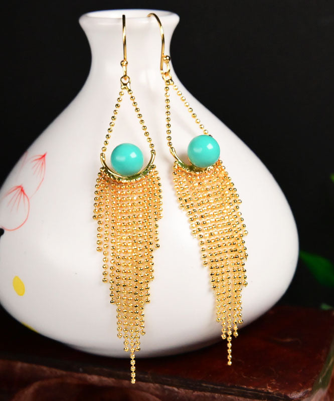 Unique Yellow Sterling Silver Overgild Turquoise Tassel Drop Earrings