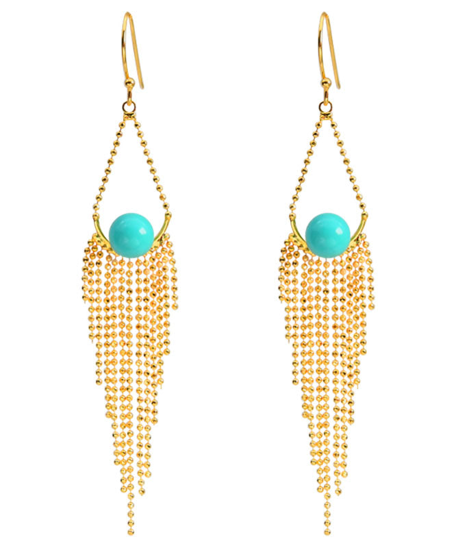 Unique Yellow Sterling Silver Overgild Turquoise Tassel Drop Earrings