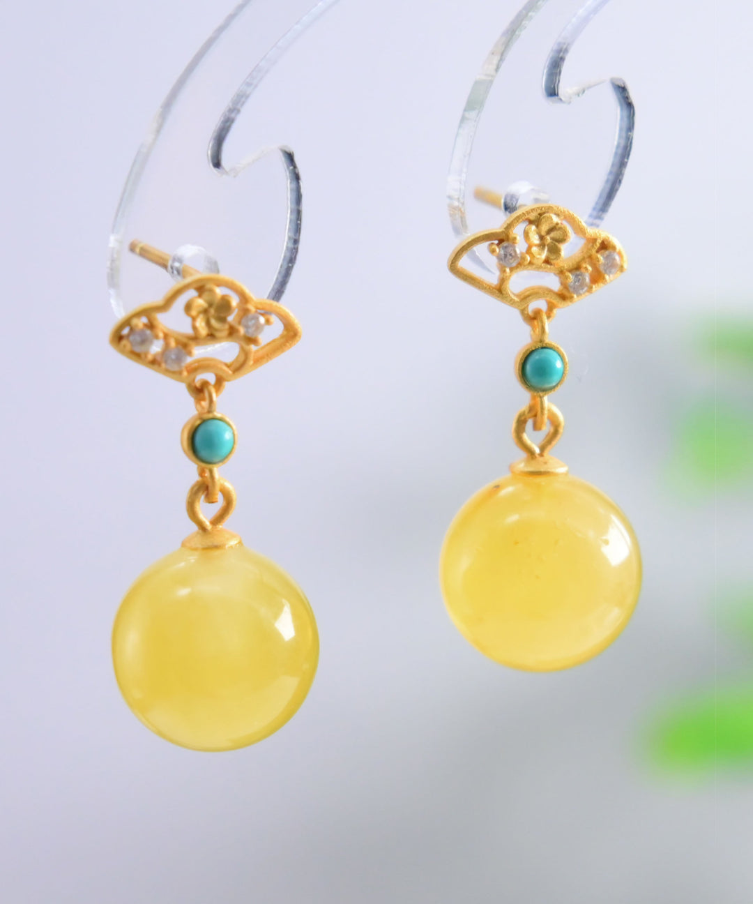 Unique Yellow Sterling Silver Overgild Turquoise Zircon Beeswax Drop Earrings
