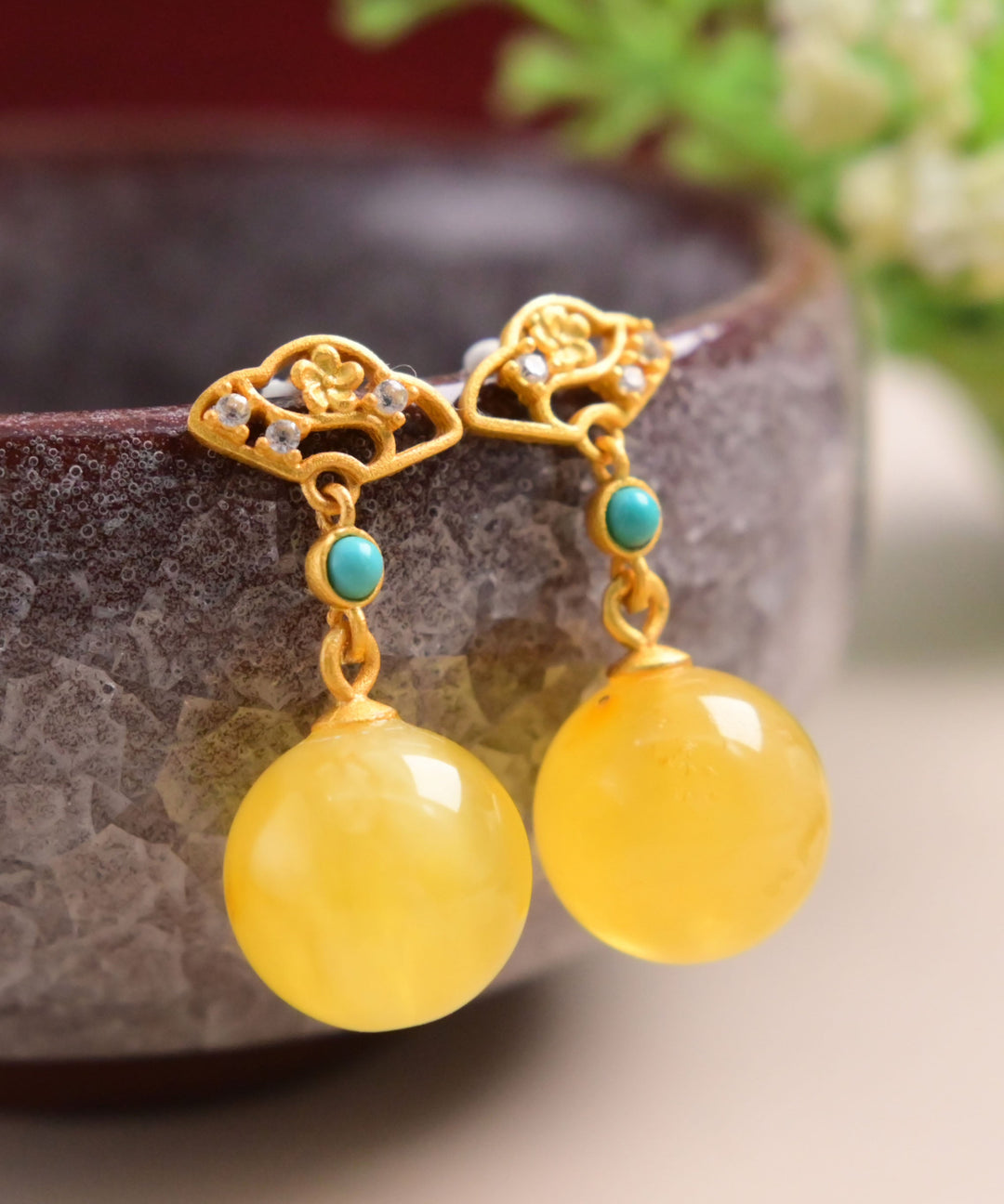 Unique Yellow Sterling Silver Overgild Turquoise Zircon Beeswax Drop Earrings