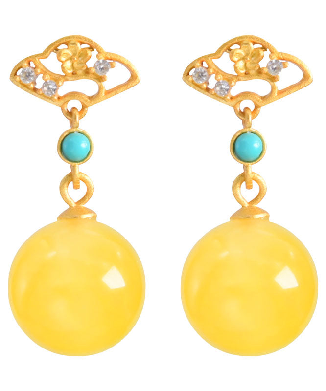 Unique Yellow Sterling Silver Overgild Turquoise Zircon Beeswax Drop Earrings