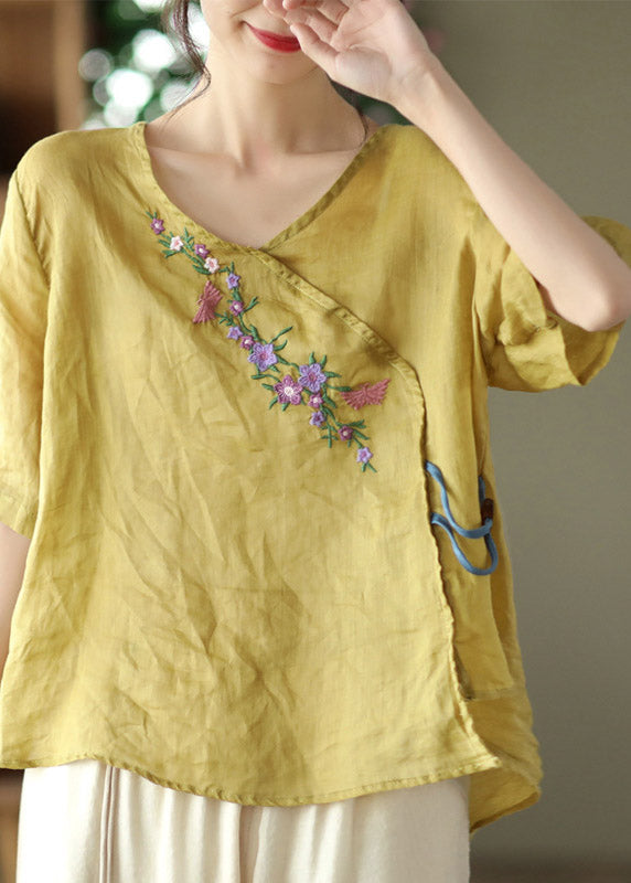 Unique Yellow V Neck Embroideried Floral Linen T Shirt Half Sleeve