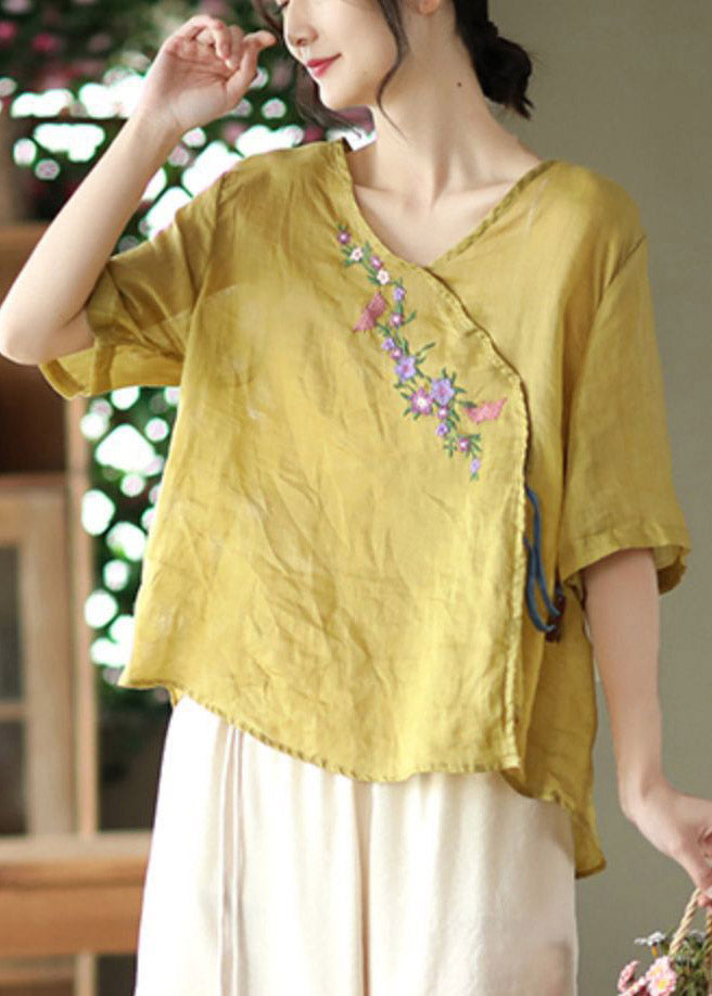 Unique Yellow V Neck Embroideried Floral Linen T Shirt Half Sleeve