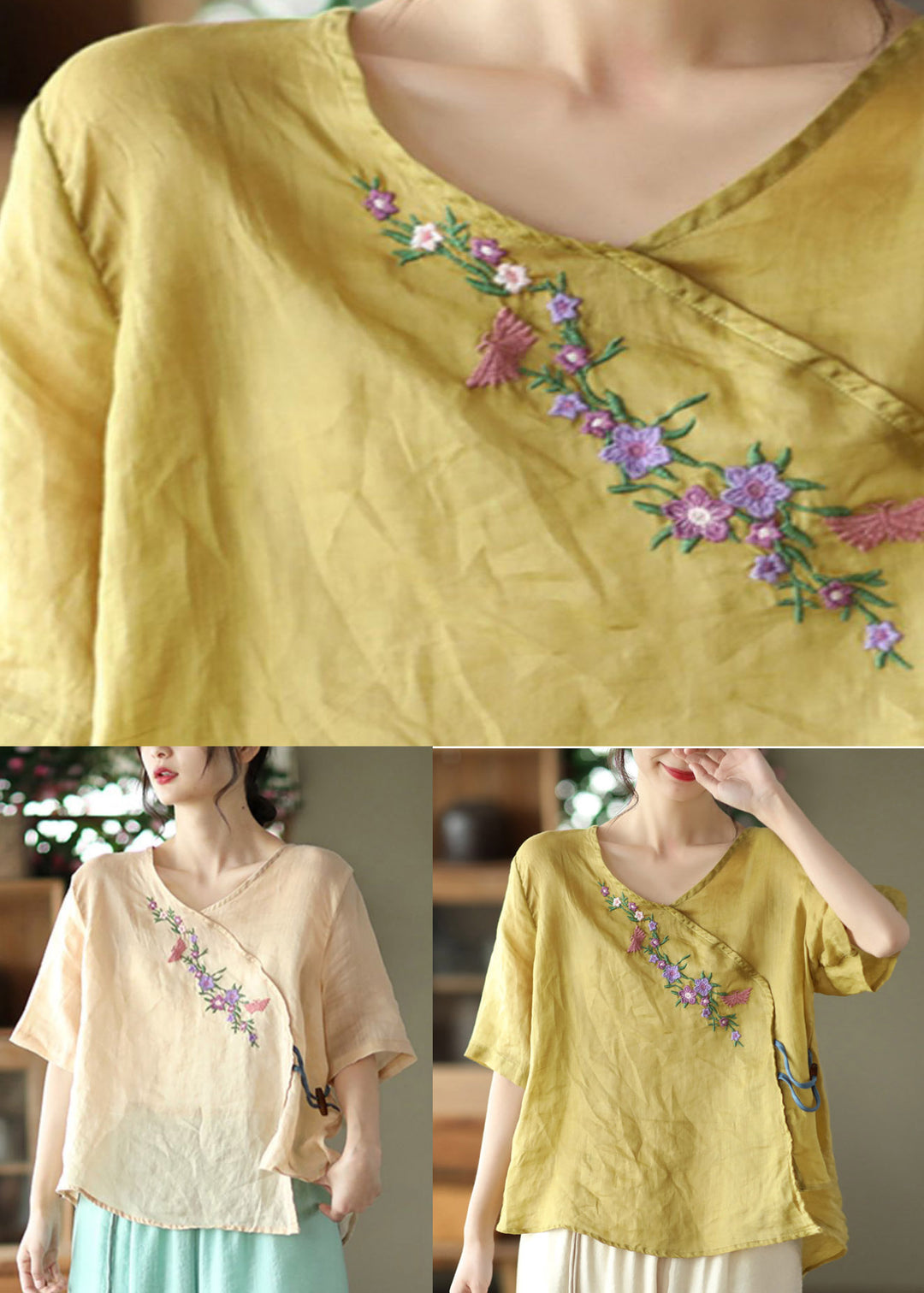 Unique Yellow V Neck Embroideried Floral Linen T Shirt Half Sleeve