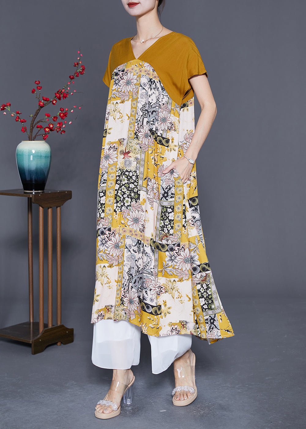 Unique Yellow V Neck Patchwork Print Chiffon A Line Dress Summer