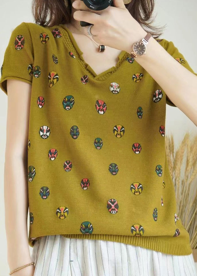 Unique Yellow V Neck Print Cotton Knit Top Short Sleeve