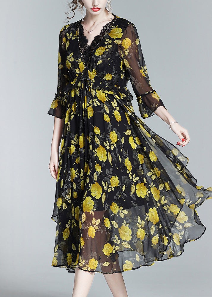 Unique Yellow V Neck Print Slim Silk Maxi Dresses Spring