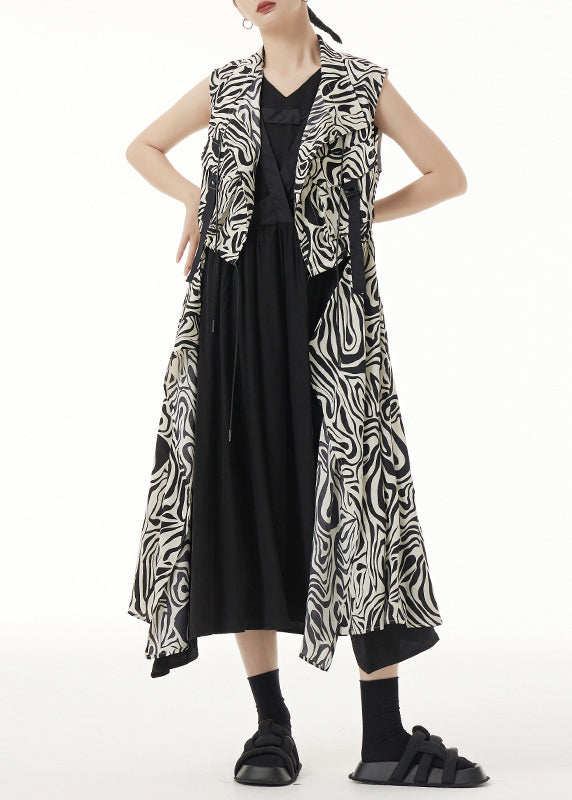 Unique Zebra Pattern Asymmetrical Lace Up Patchwork Silk Long Waistcoat Sleeveless