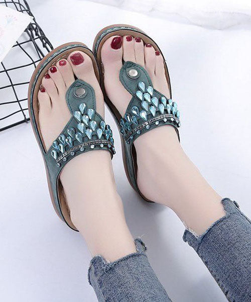 Unique Zircon Splicing Wedge Thong Sandals Green Faux Leather