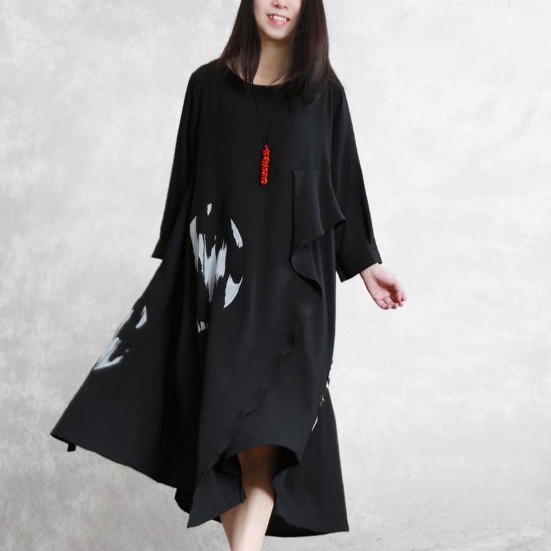 Unique asymmetric linen Robes plus size Photography black Art Dresses - Omychic