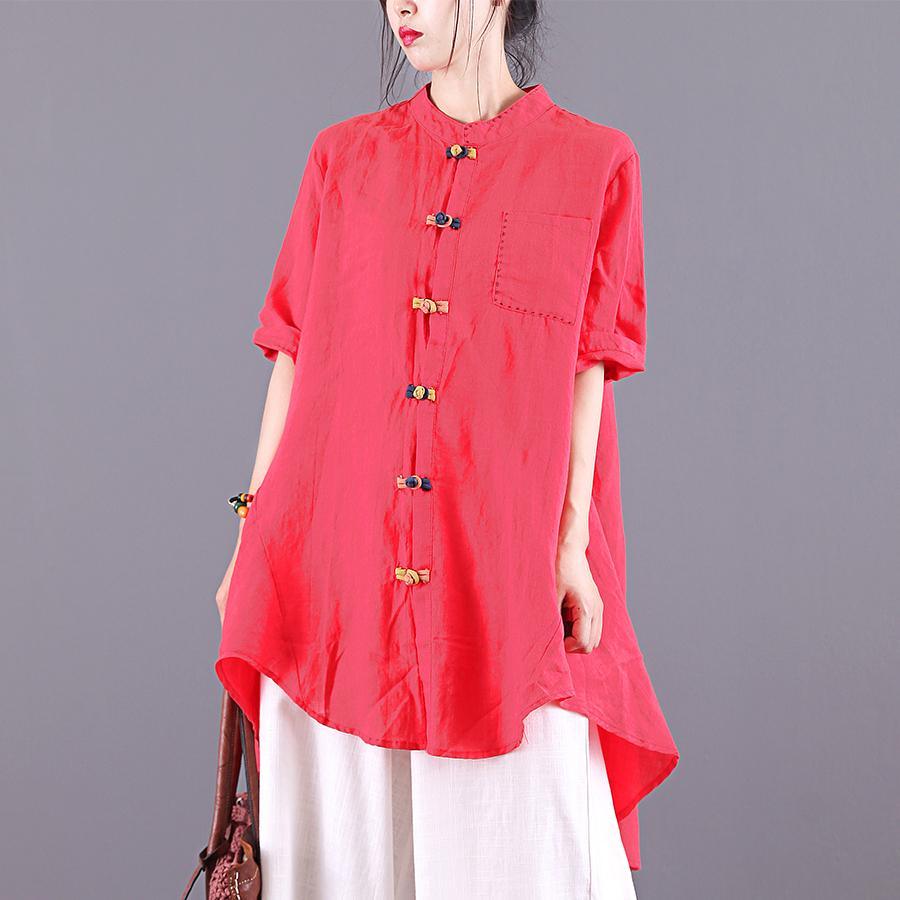 Unique asymmetric stand collar linen for women Sleeve red shirts summer - Omychic