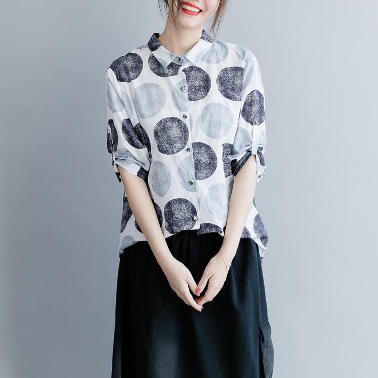 Unique black dotted linen cotton shirts women Omychic lapel Button Down loose Summer tops - Omychic