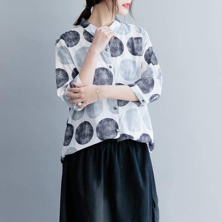Unique black dotted linen cotton shirts women Omychic lapel Button Down loose Summer tops - Omychic