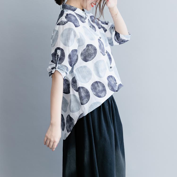 Unique black dotted linen cotton shirts women Omychic lapel Button Down loose Summer tops - Omychic